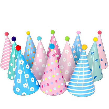 Partyhüte 12er Set – Bunte Geburtstags- & Partyhüte mit Gummiband