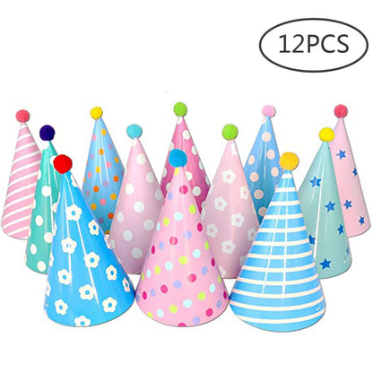 Partyhüte 12er Set – Bunte Geburtstags- & Partyhüte mit Gummiband
