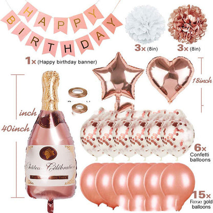 Roségold Ballon Set Happy Birthday – Geburtstagsdeko Set mit Girlande, Herz & Stern Ballons