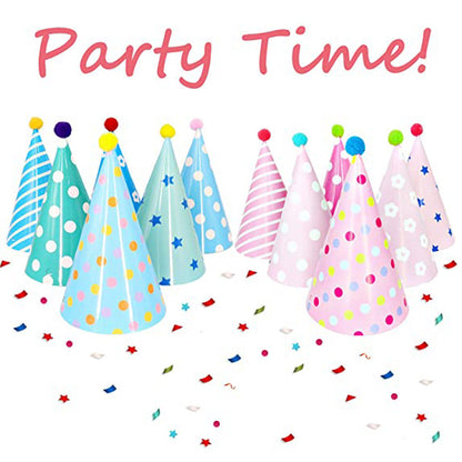 Partyhüte 12er Set – Bunte Geburtstags- & Partyhüte mit Gummiband