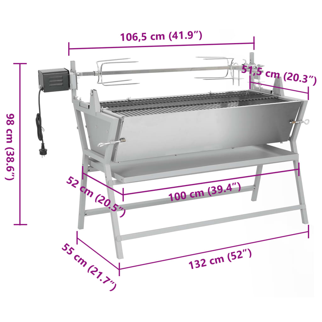 BBQ grill with rotisserie made of iron and stainless steel