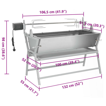 BBQ grill with rotisserie made of iron and stainless steel