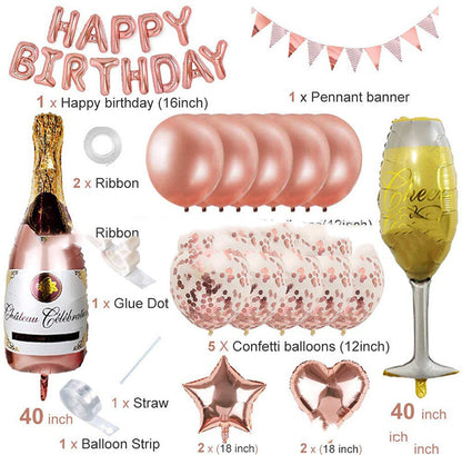 Roségold Ballon Set Happy Birthday – Geburtstagsdeko Set mit Girlande, Herz & Stern Ballons