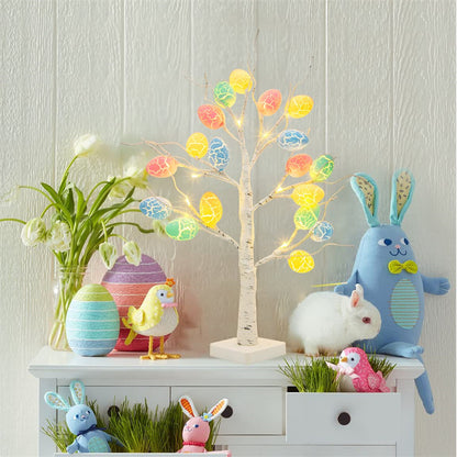 LED Osterbaum mit Eiern – 60 cm Birkenbaum mit 24 warmweißen LEDs & Timer (Batteriebetrieben)