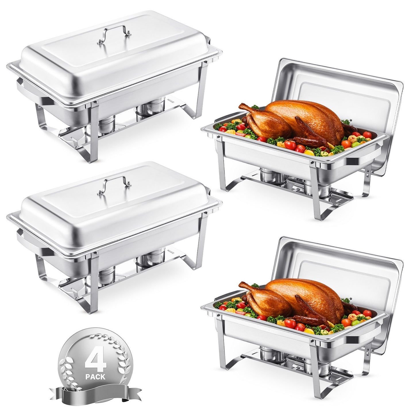 Chafing Dish Buffet-Set 4 Stk. Edelstahl-Speisenwärmer Mit 4 Pfannen In Voller Größe (7,5 L), Rechteckiger Catering-Wärmespender Mit Deckel & Wasserpfannenständer & Brennstoffhalter Buffet